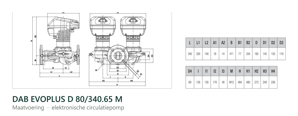 Maatvoering en aansluitmaten van de DAB EVOPLUS D 80/340.65 M