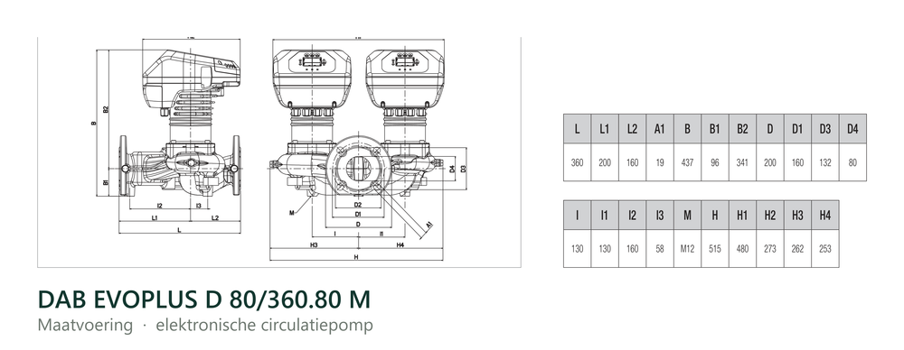Maatvoering en aansluitmaten van de DAB EVOPLUS D 80/360.80 M