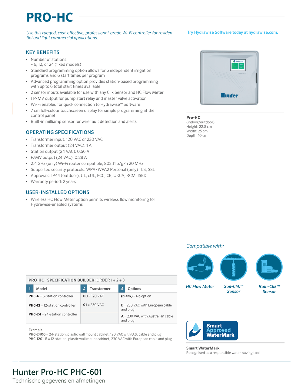 Technische gegevens van de Hunter Pro-HC PHC-601, elektrische data en afmetingen