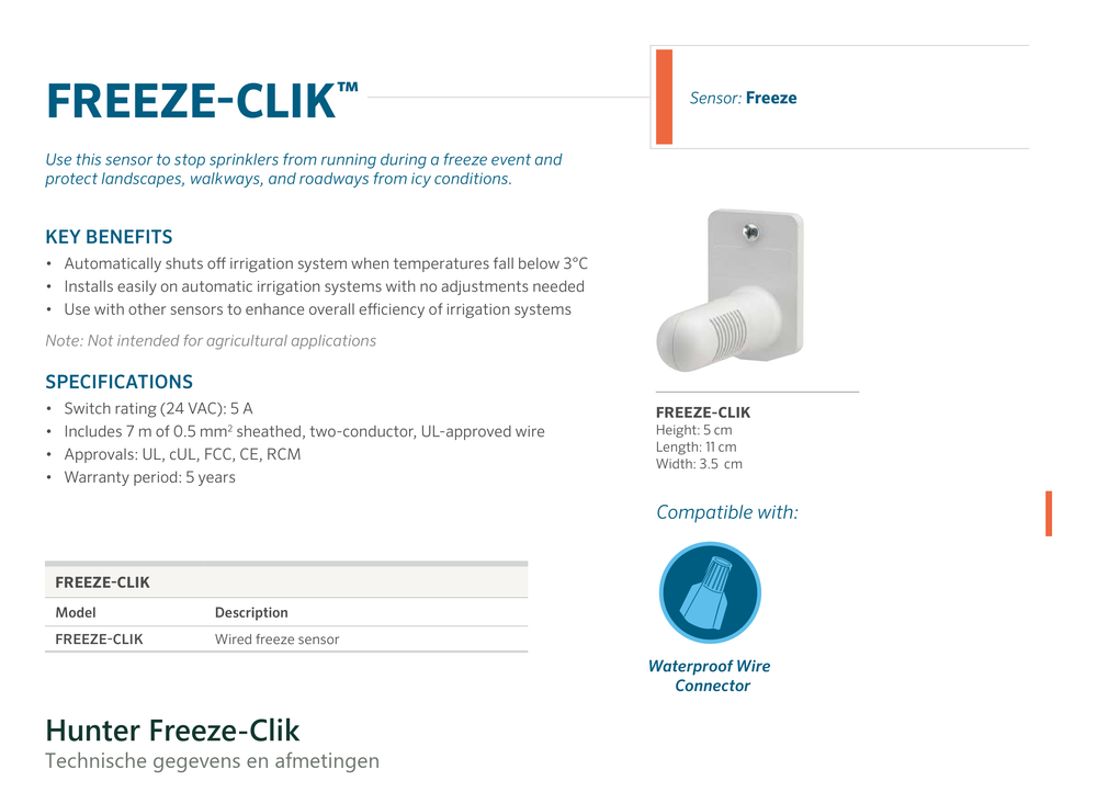Technische gegevens van de Hunter Freeze-Clik, elektrische data en afmetingen