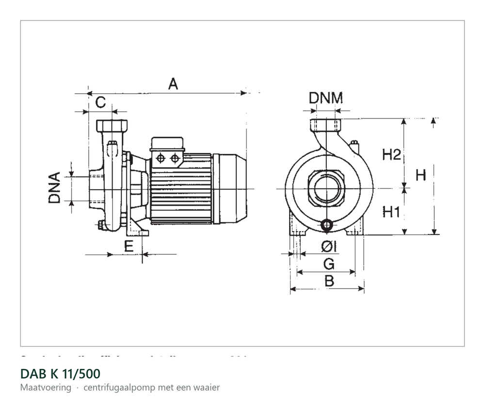 Maatvoering en aansluitmaten van de DAB K 11/500