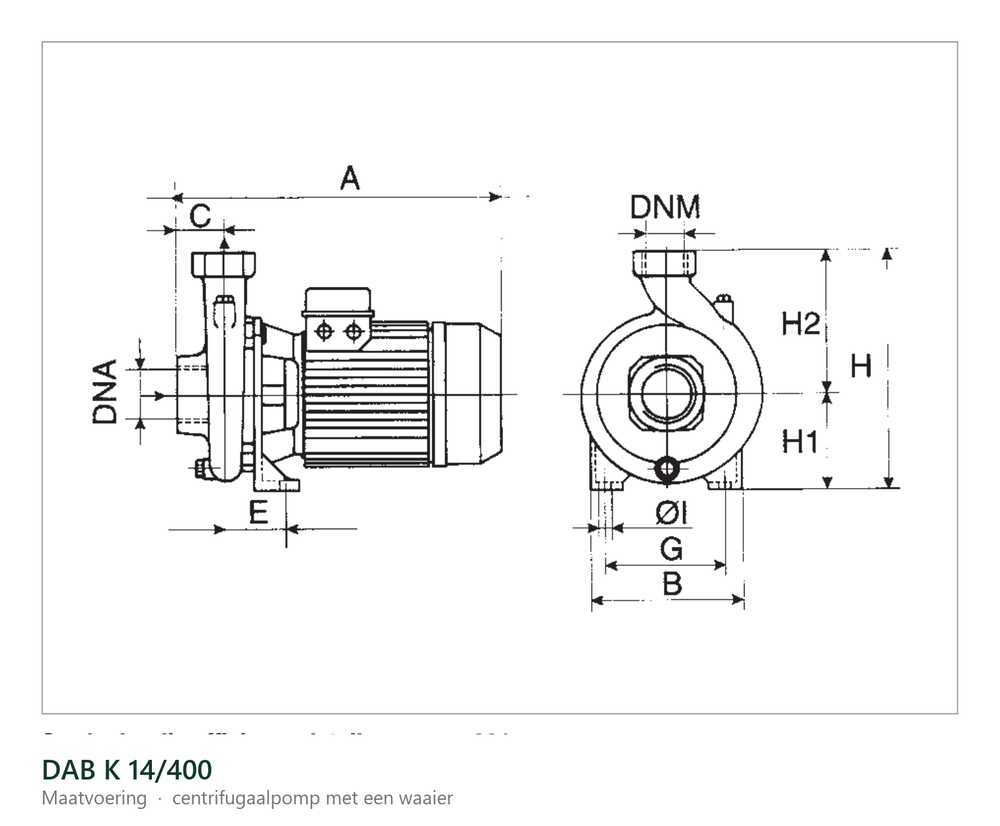 Maatvoering en aansluitmaten van de DAB K 14/400
