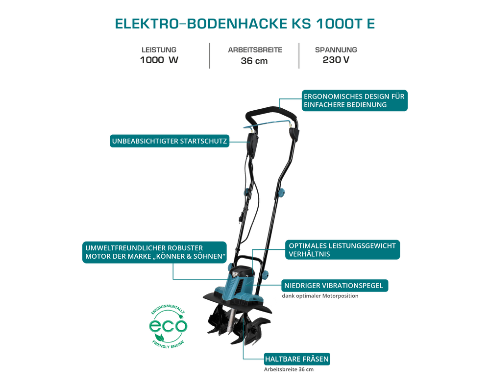 Könner & Söhnen KS 1000T E elektrische tuinfrees 36 cm, foto 2