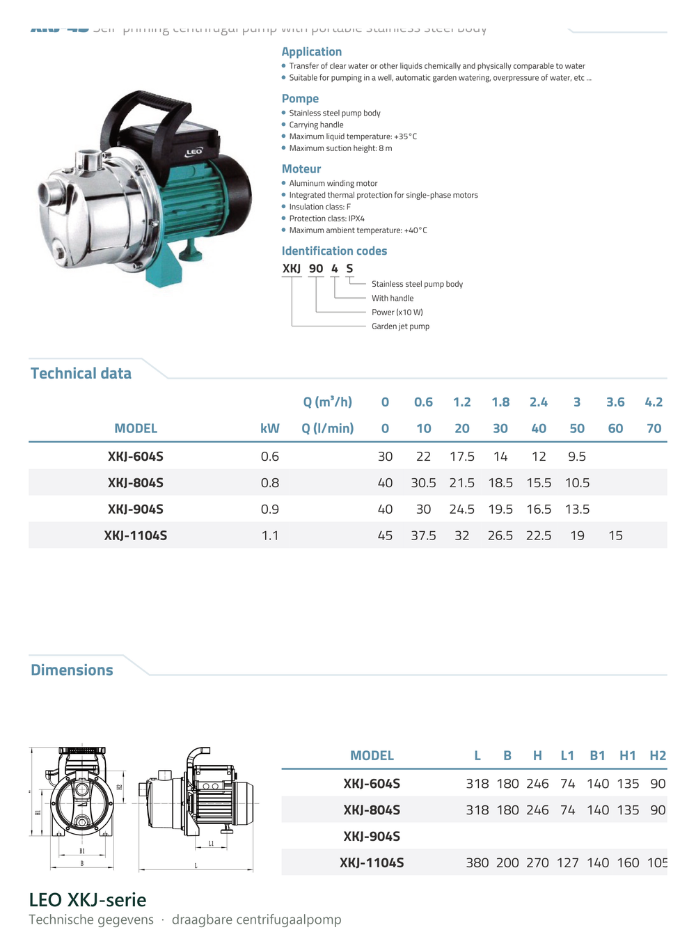 Technische gegevens van de LEO XKJ-serie, elektrische data en afmetingen