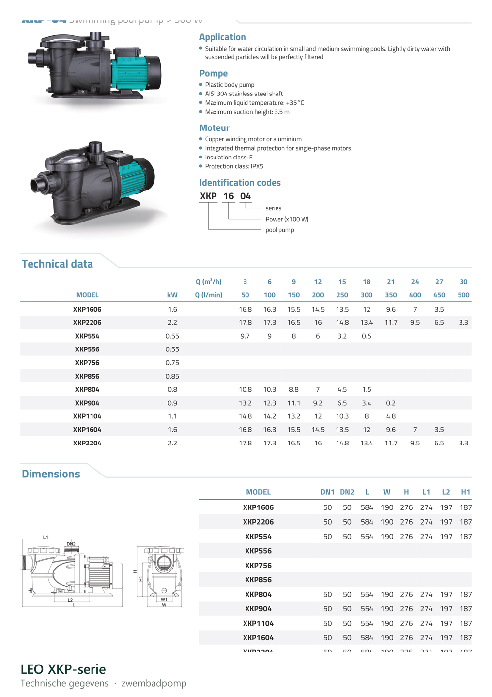 Technische gegevens van de LEO XKP-serie, elektrische data en afmetingen