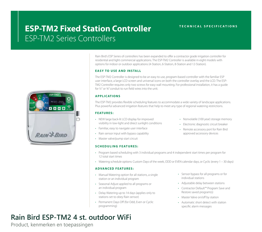 Werking en technische gegevens van de Rain Bird ESP-TM2 4 st. outdoor WiFi