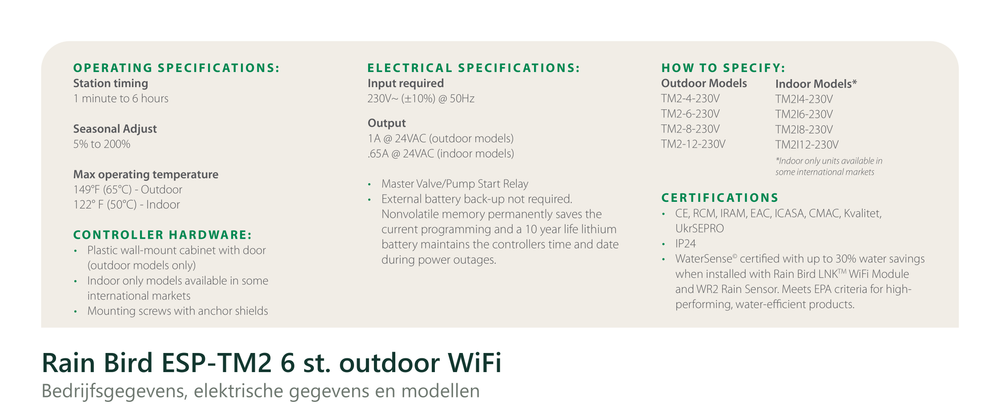 Technische gegevens van de Rain Bird ESP-TM2 6 st. outdoor WiFi, elektrische data en afmetingen