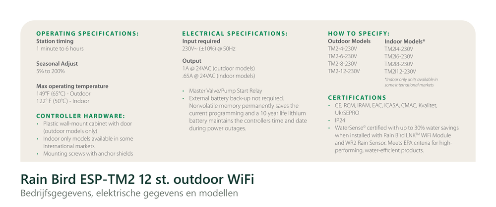 Technische gegevens van de Rain Bird ESP-TM2 12 st. outdoor WiFi, elektrische data en afmetingen