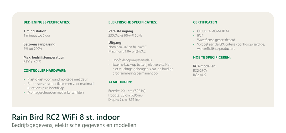Technische gegevens van de Rain Bird RC2 WiFi 8 st. indoor, elektrische data en afmetingen