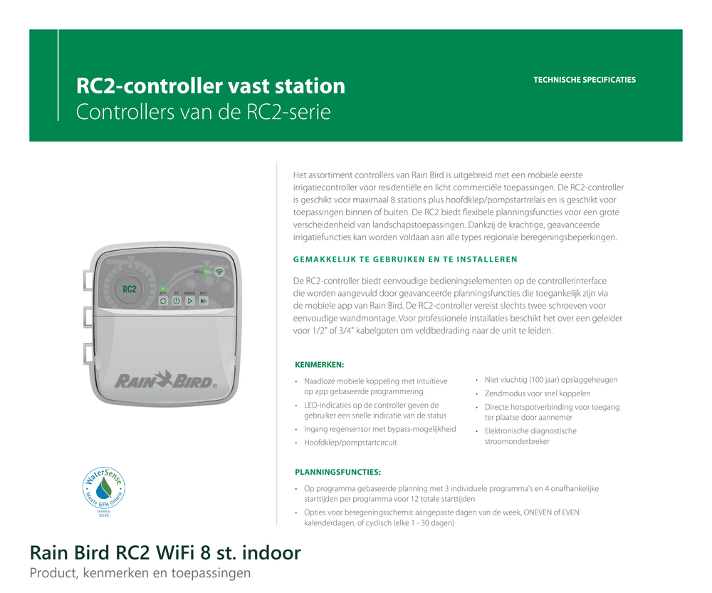 Werking en technische gegevens van de Rain Bird RC2 WiFi 8 st. indoor