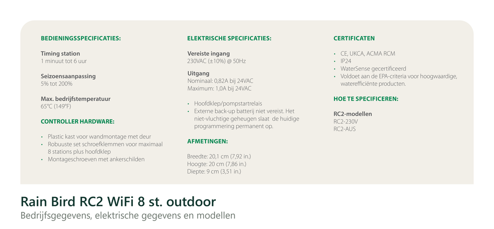 Technische gegevens van de Rain Bird RC2 WiFi 8 st. outdoor, elektrische data en afmetingen