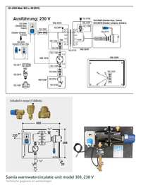 Technische gegevens van de Suevia Suevia warmwatercirculatie-unit model 303, 230 V, elektrische data en afmetingen
