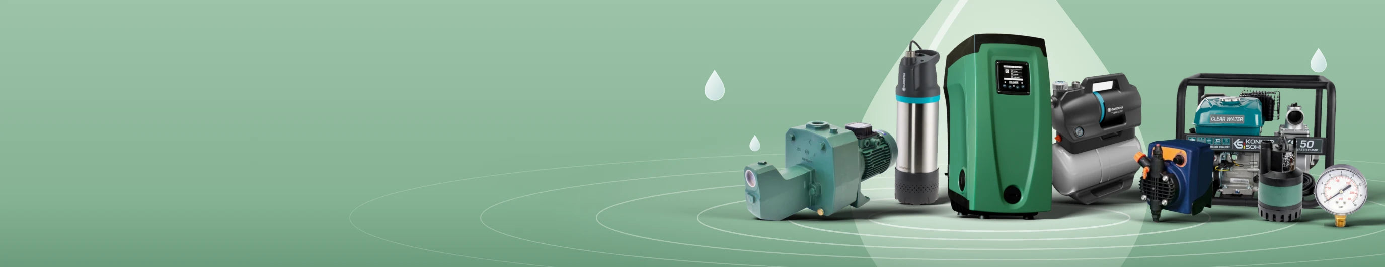 Pompen-assortiment: centrifugaalpomp, bronpomp, DAB Esybox, hydrofoor, doseerpomp, motorpomp, dompelpomp en manometer